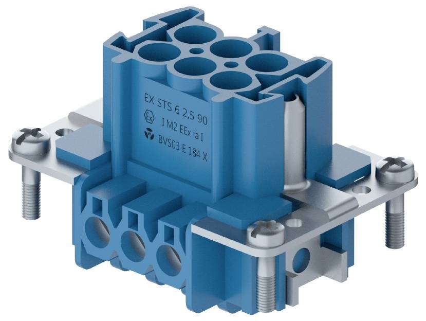 Blauer Industrie-Steckverbinder mit silbernen Verschraubungen, auf der Oberseite Text 'EX STS 6 2.5 SQ 1M2...'.