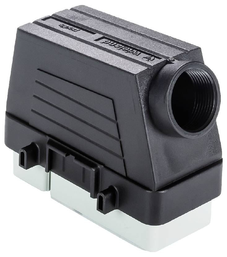 Ein rechteckiger schwarzer Kunststoff-Adapter mit einem großen runden Anschluss oben, seitliche Rillen zur Stabilität.