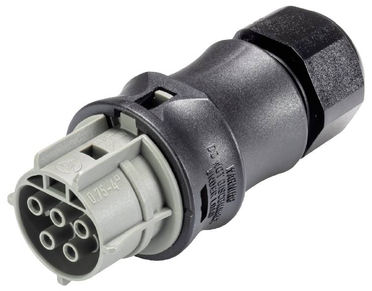 Ein mehrpoliger elektrischer Stecker mit schwarzen und grauen Kunststoffteilen. Enthält mehrere Anschlüsse in einem runden Muster.