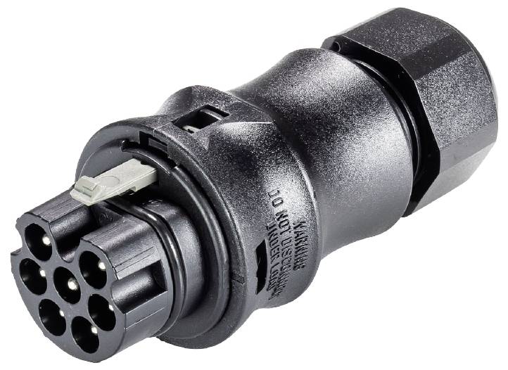 Schwarzer, abgewinkelter elektrischer Stecker mit mehreren Metallkontakten und Beschriftung an der Seite, vermutlich für spezielle Anwendungen.