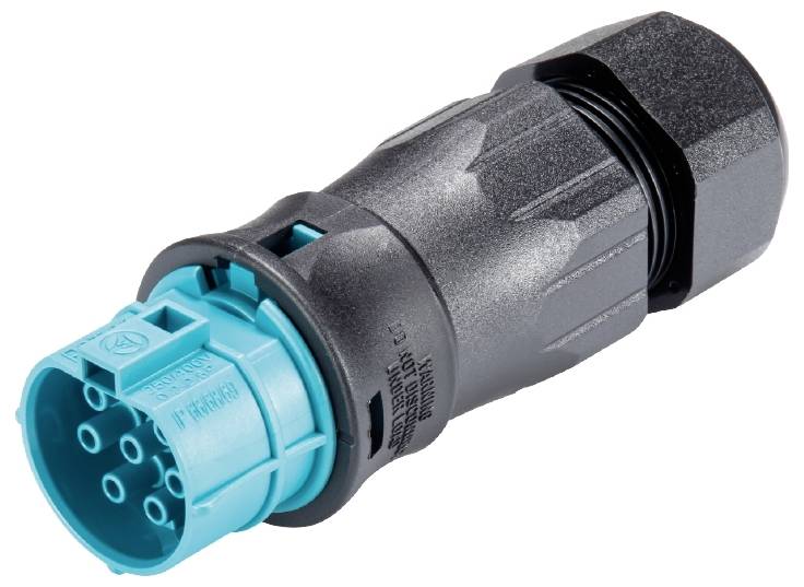 Ein blauer, zylindrischer elektrischer Stecker mit mehreren Anschlussbuchsen, verbunden mit einem schwarzen, schützenden Gehäuse.