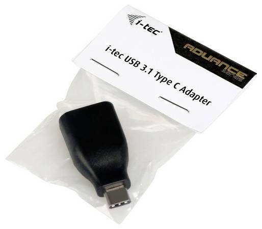 Ein schwarzer USB-C-Adapter von i-tec verpackt in einer Plastiktüte mit dem Etikett 'i-tec USB 3.1 Type C Adapter'.