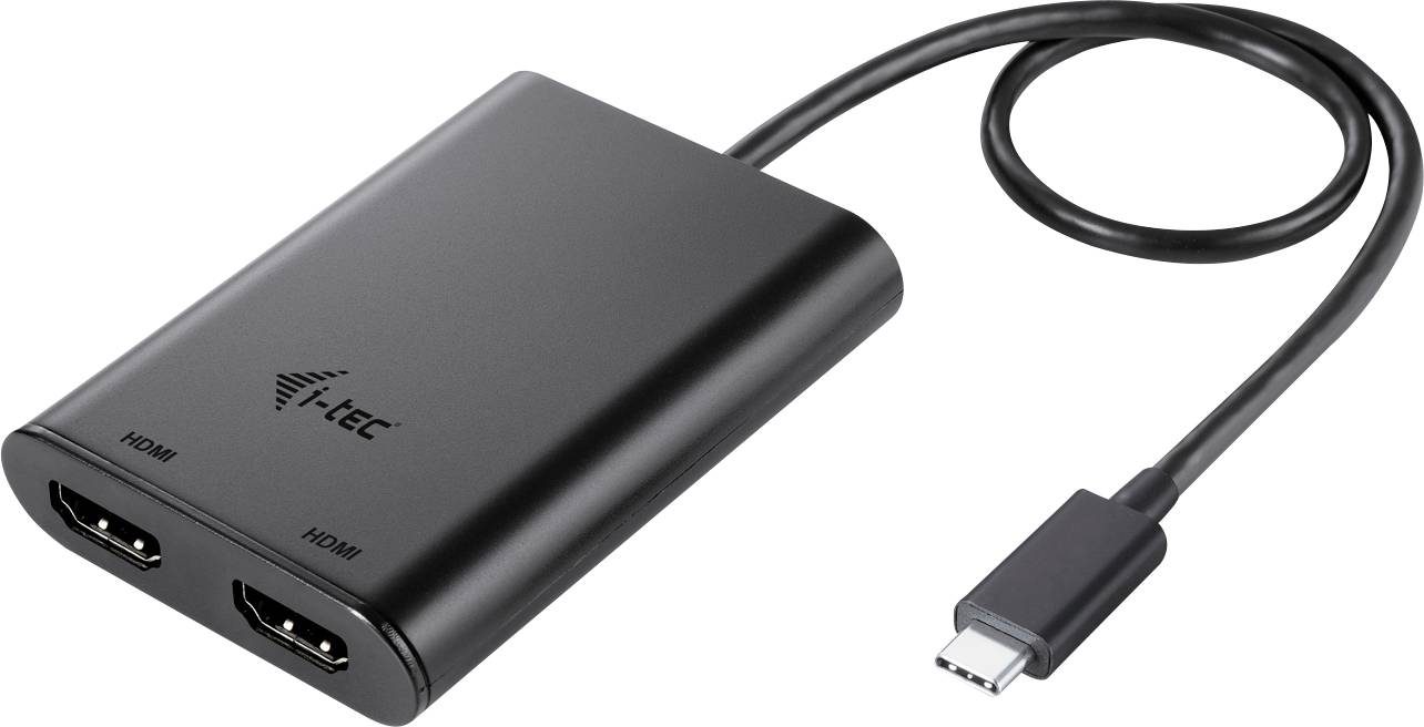Ein schwarzer Adapter mit zwei HDMI-Anschlüssen und einem USB-C-Kabel, geeignet zum Verbinden von Geräten über HDMI.