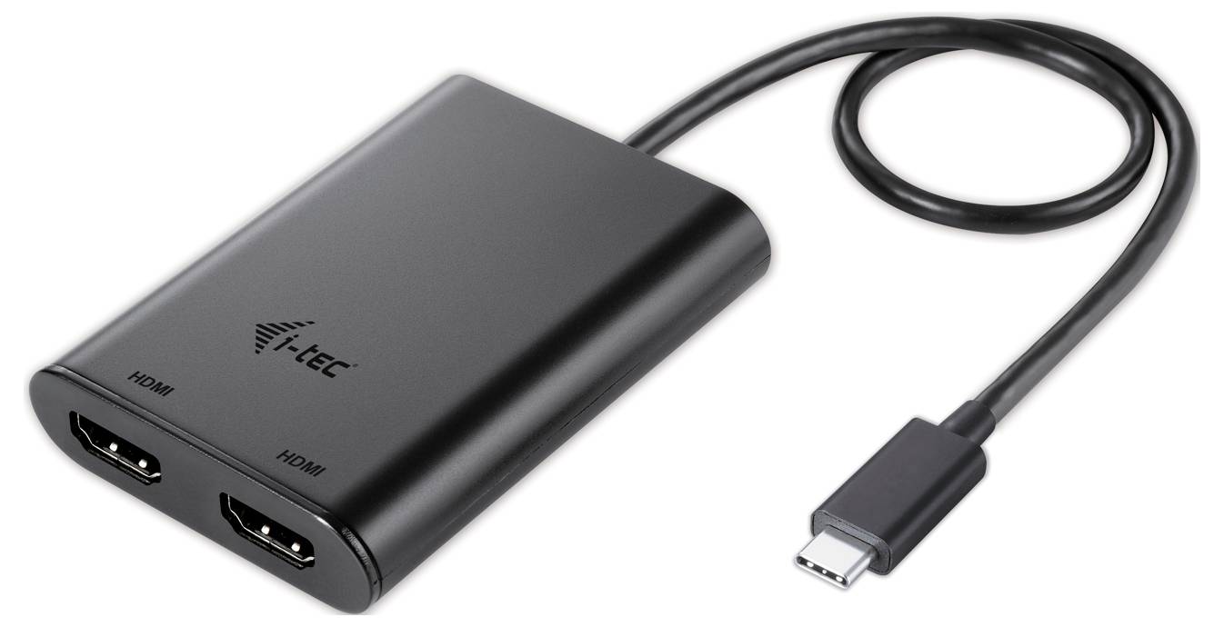Schwarzer USB-C-Adapter mit Kabel und zwei HDMI-Anschlüssen, geeignet für den Anschluss von zwei HDMI-Geräten an einen Computer.