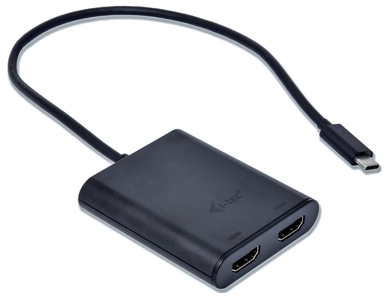 Ein schwarzer Adapter mit einem Kabel hat zwei HDMI-Anschlüsse und einen USB-C-Stecker. Ideal für die Verbindung mit digitalen Geräten.