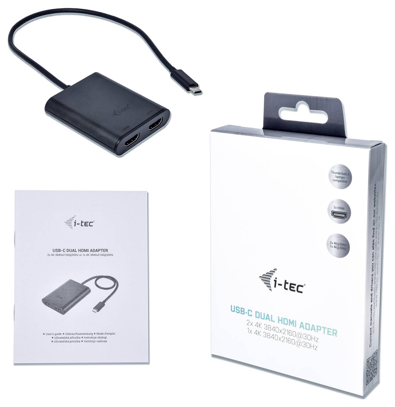 'USB-C Dual HDMI Adapter' von i-tec, gezeigt sind der Adapter, Verpackung, und Anleitung. Unterstützt 2x 4K bei 30Hz oder 1x 4K bei 60Hz.