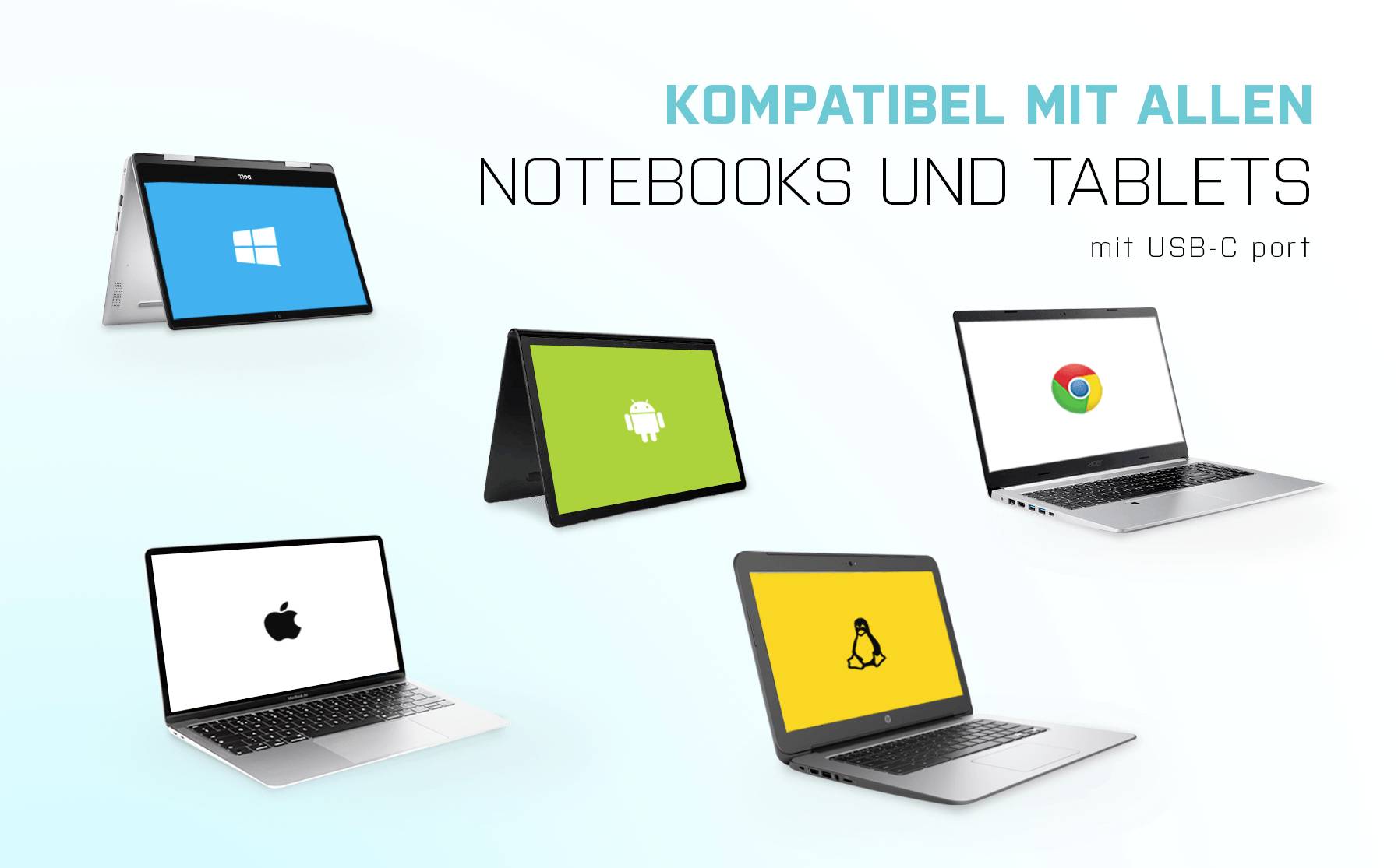 'Kompatibel mit allen Notebooks und Tablets mit USB-C Port' zeigt Bild von Laptops und Tablets mit Windows-, Android-, Chrome-, Apple- und Linux-Logos.
