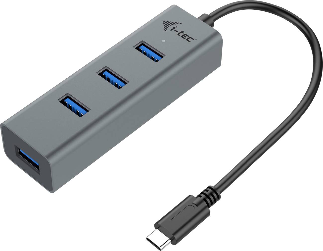 USB-C-Hub mit vier USB-3.0-Anschlüssen, geeignet zum Verbinden mehrerer Geräte mit einem Computer.