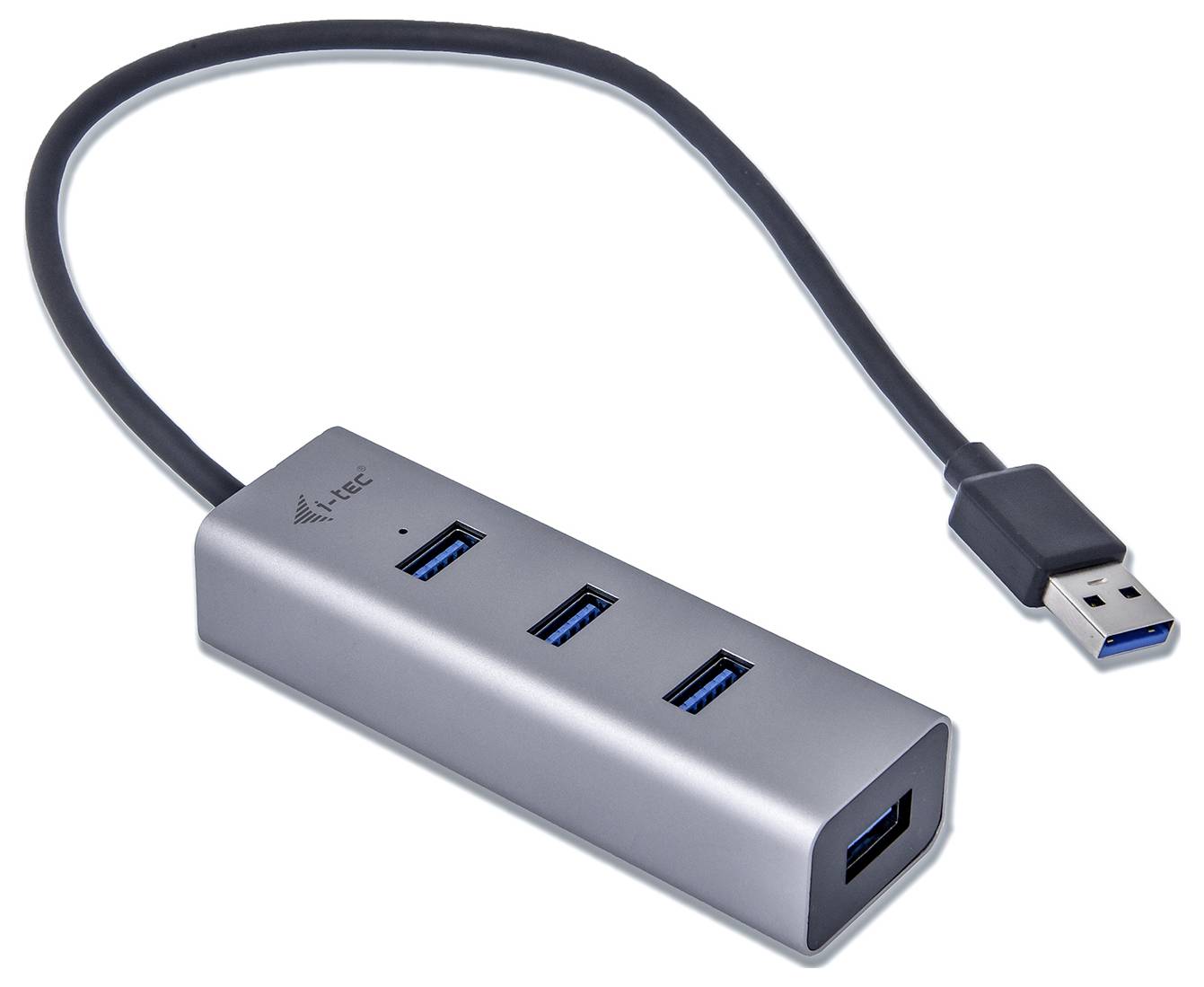Silberner USB-Hub mit einem Kabelanschluss, der vier USB 3.0-Anschlüsse bietet. Ideal zur Erweiterung von USB-Konnektivität.
