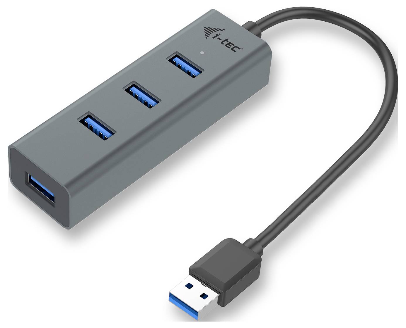 USB-Hub mit vier Anschlüssen und einem Verbindungskabel. Markenlogo 'i-tec' sichtbar auf der Oberseite des Hubs.
