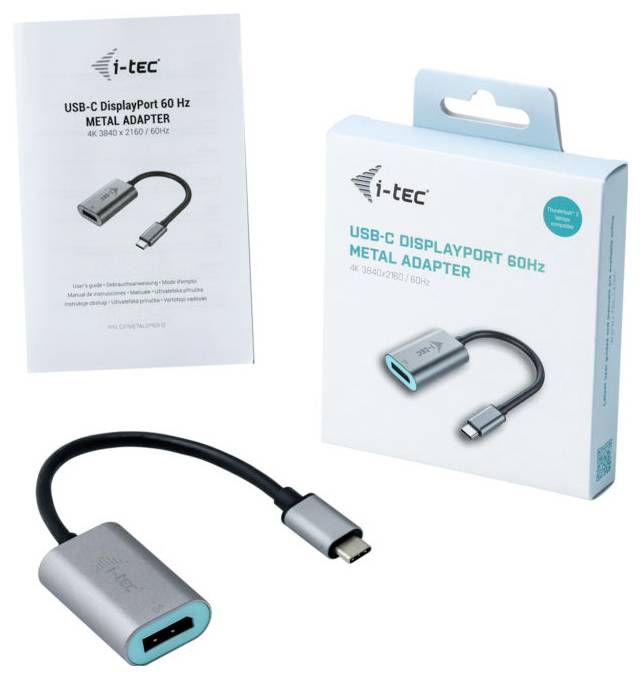 USB-C auf DisplayPort 60 Hz Adapter von i-tec, in Silber, mit Verpackung, für 4K Auflösung. Verbindet USB-C Geräte mit DisplayPort Monitoren.
