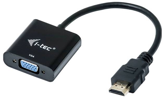 HDMI-zu-VGA-Adapter mit schwarzem Gehäuse und kleinem VGA-Anschluss links, HDMI-Stecker rechts. Markenname 'i-tec' auf dem Gehäuse.