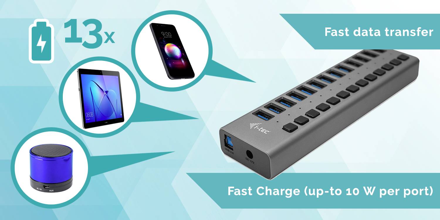 Ladegerät mit 16 USB-Anschlüssen. Unterstützt schnelles Laden mit bis zu 10 W pro Anschluss. Kompatibel mit Tablets, Smartphones und Lautsprechern.