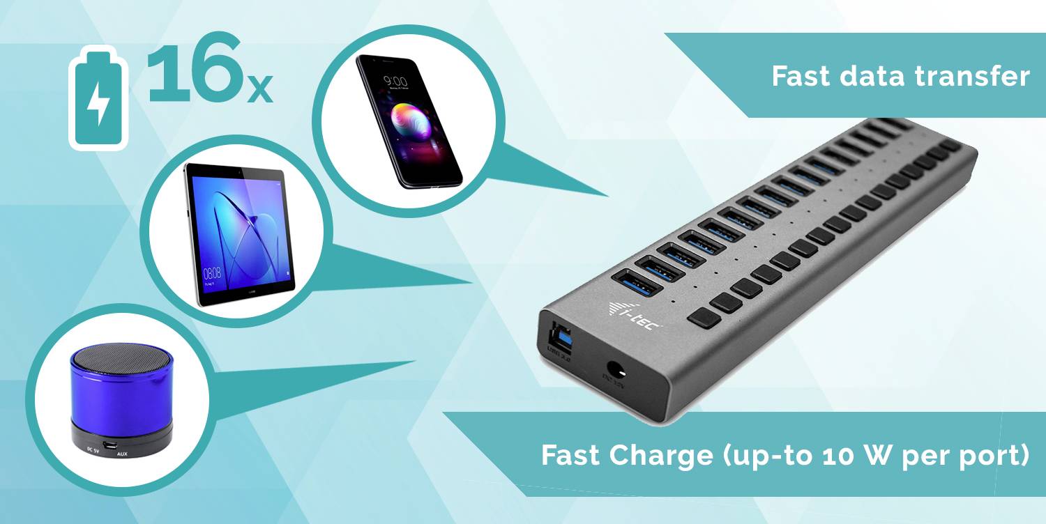 I-tec USB 3.0 Charging HUB 16 Port USB-Kombi-Hub Grau