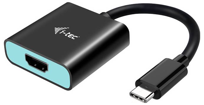 Ein schwarz-blauer Adapter mit USB-C-Anschluss und HDMI-Ausgang, markiert mit dem Logo des Herstellers 'i-tec'.