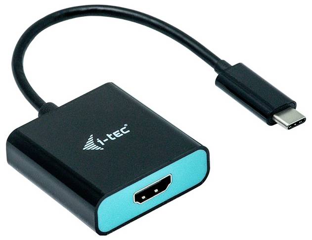 Ein Adapter mit USB-C-Anschluss und HDMI-Ausgang zum Verbinden von Geräten. Markiert mit 'i-tec'.