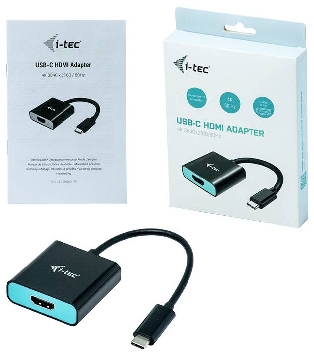 USB-C auf HDMI Adapter von i-tec mit Verpackung und Anleitung, unterstützt 4K 3840 x 2160/60Hz, inkl. schwarzem Kabel.