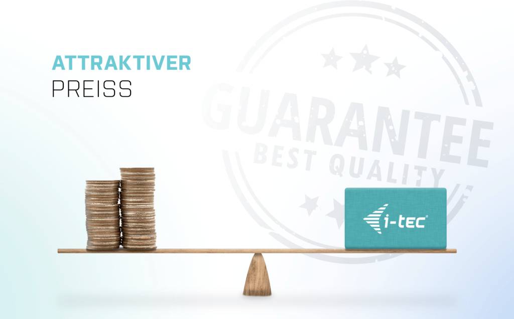 Ein Stapel Münzen auf einer Waage balanciert mit einer i-tec-Karte. Links steht 'Attraktiver Preis'. Im Hintergrund ein Qualitätssiegel.