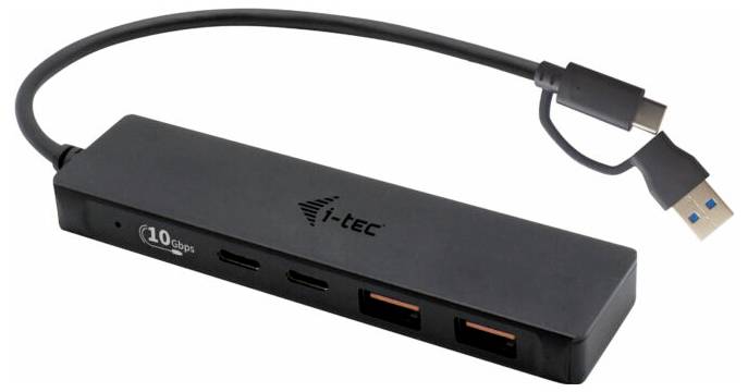 Ein schwarzer USB-C-Hub der Marke i-tec mit vier Anschlüssen, darunter USB-C und USB-A, sowie einem integrierten Verbindungskabel.