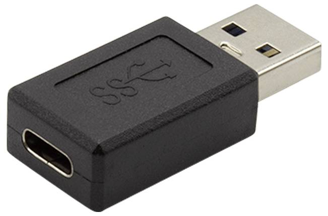 USB-Adapter mit USB-A-Stecker auf USB-C-Buchse, schwarzes Gehäuse, ermöglicht Verbindung zwischen verschiedenen USB-Typen.