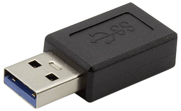 Ein schwarzer USB-3.0-Adapter mit einem blauen Innenanschluss ist abgebildet, oft verwendet für schnelle Datenübertragung.