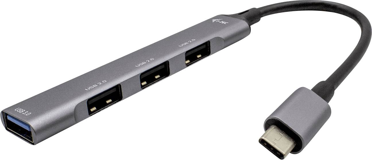 Ein USB-C-Hub mit einem USB-C-Kabel und mehreren USB 3.0-Anschlüssen, geeignet zur Verbindung mehrerer USB-Geräte an ein einzelnes USB-C-Port.