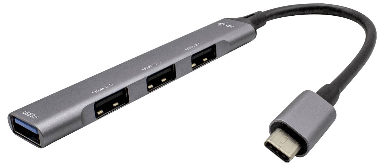 Ein grauer USB-C-Hub mit einem Kabel, das vier USB-Anschlüsse bietet. Ideal zum Erweitern der Anschlussmöglichkeiten eines Laptops.