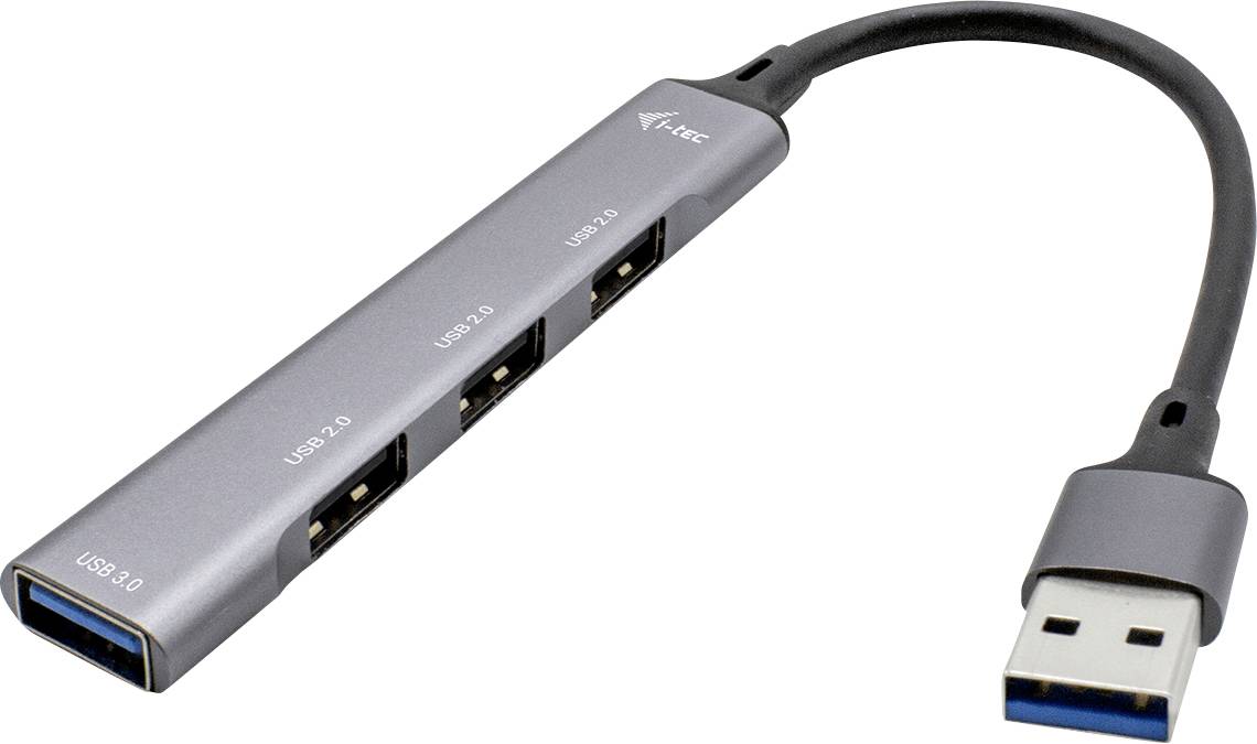 Ein USB-Hub mit vier Anschlüssen: ein USB 3.0-Anschluss und drei USB 2.0-Anschlüsse, verbunden über ein Kabel.