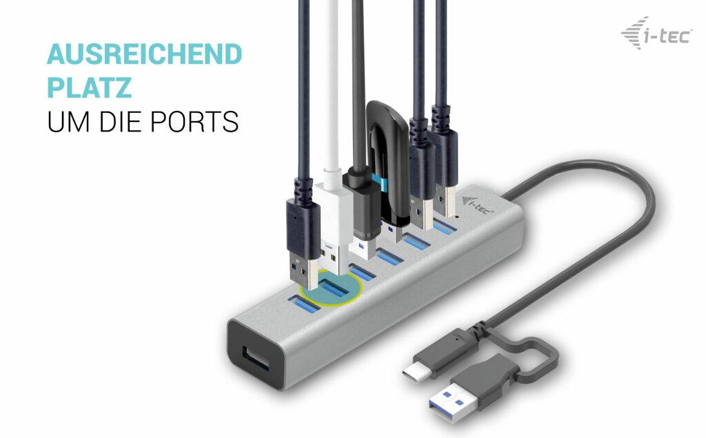 USB-Hub mit mehreren Geräten verbunden. Text: 'Ausreichend Platz um die Ports'.