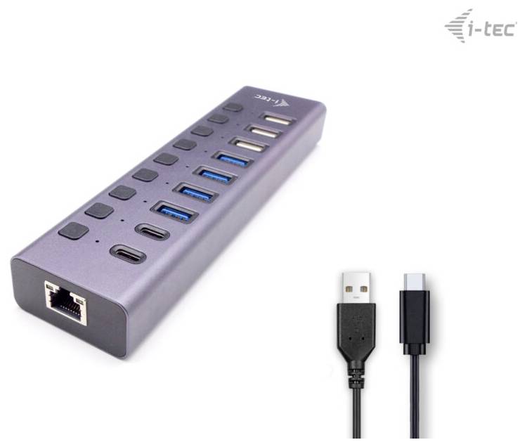 Ein grauer USB-Hub mit mehreren Anschlüssen, darunter USB-A, USB-C und ein Ethernet-Anschluss. Zwei Verbindungskabel sind gezeigt.
