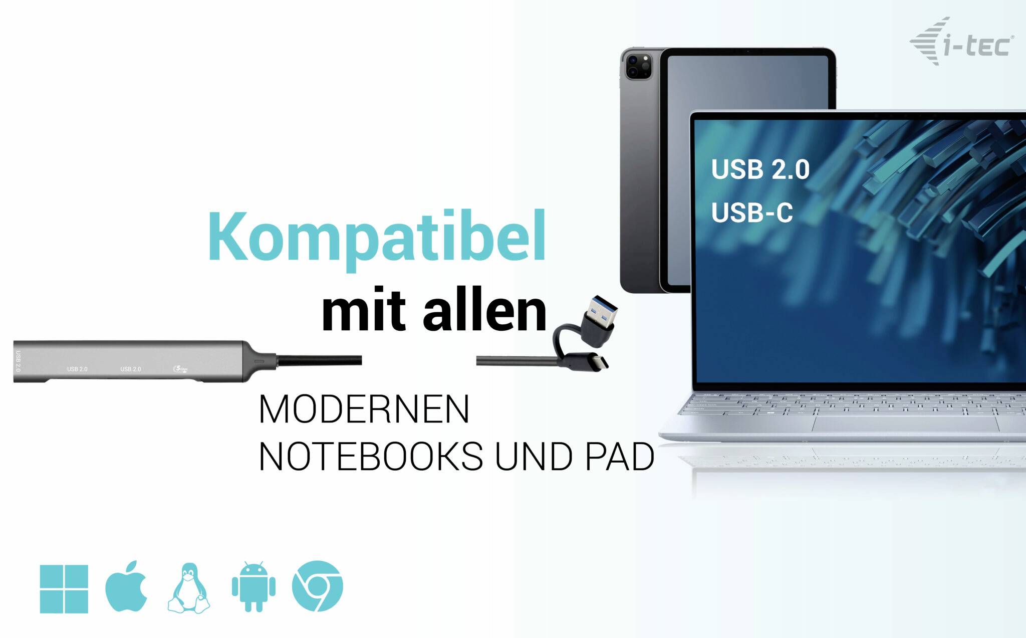 'Kompatibel mit allen modernen Notebooks und Pad' zeigt ein Laptop, Tablet und USB-Geräte. Logos am unteren Rand zeigen Kompatibilität mit verschiedenen Betriebssystemen.