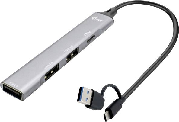 USB-C-Hub mit zwei USB-3.0-Anschlüssen, einem USB-2.0-Anschluss, einem USB-C-Anschluss und einem HDMI-Anschluss. Ideal zum Erweitern von Laptops.