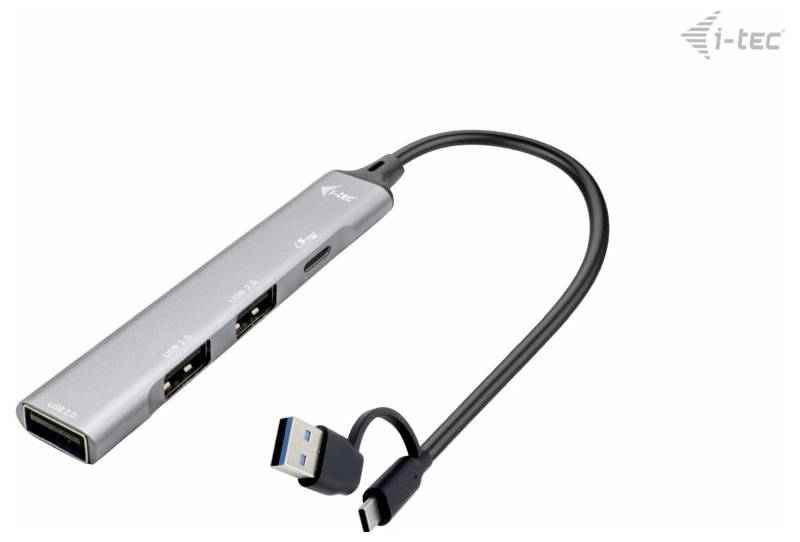 USB-C Hub mit vier Anschlüssen: HDMI, USB-C, zwei USB-A. Schwarz und silbernes Design. Markenlogo oben rechts.