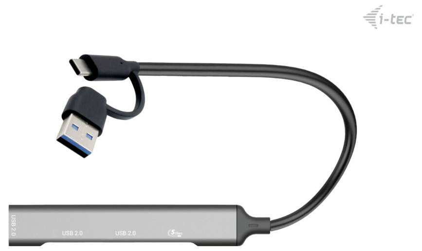 Ein USB-Hub mit zwei Kabeln: einem USB-A- und einem USB-C-Anschluss. Rechts oben befindet sich das Logo der Marke i-tec.