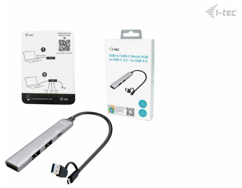 USB-C-Hub von i-tec mit mehreren Anschlüssen, darunter USB 3.2 und USB 2.0. Verpackung zeigt Produktabbildungen und QR-Code.