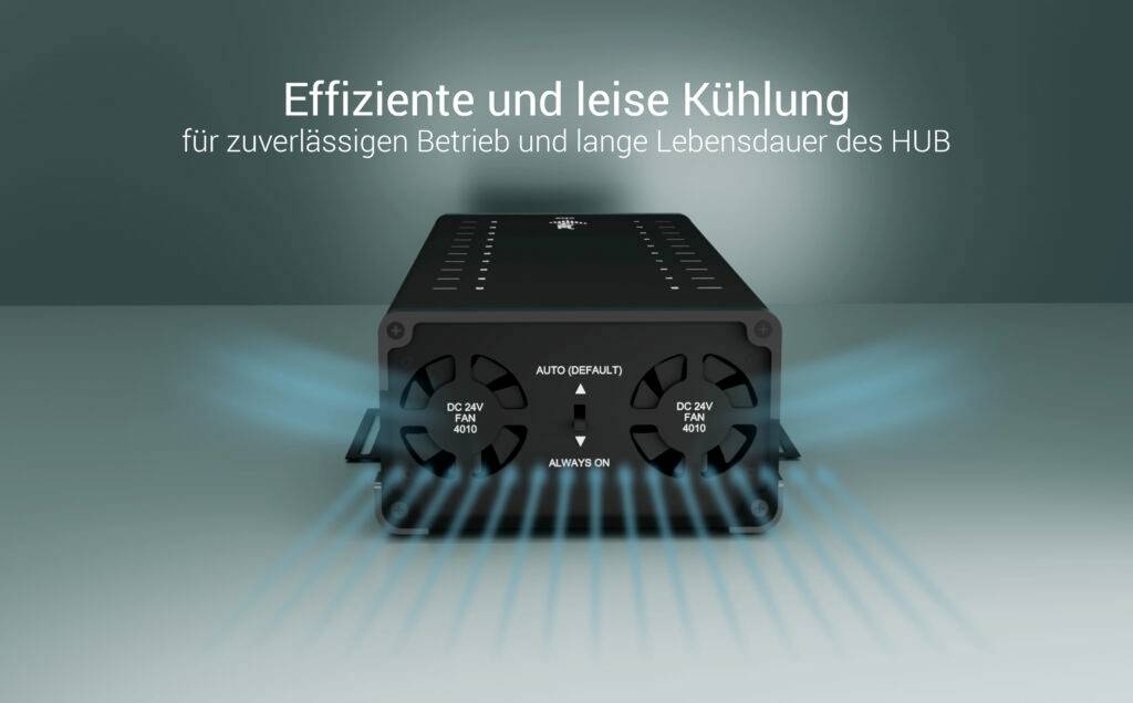 Ein rechteckiger Kühlkörper mit Lüftungsschlitzen, beschriftet mit 'Effiziente und leise Kühlung für zuverlässigen Betrieb'.