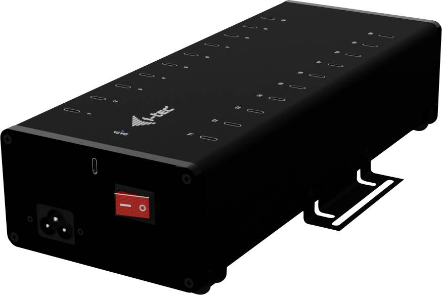 Ein schwarzer, rechteckiger Batteriewechselrichter mit einem Netzkabelanschluss und einem orangefarbenen Ein/Aus-Schalter auf der Vorderseite.