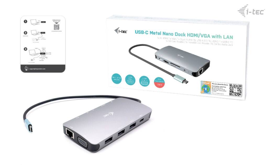 USB-C-Dockingstation mit HDMI/VGA- und LAN-Anschluss. Verpackung zeigt Bild und kurze Anweisungen zur Verwendung des Produkts.
