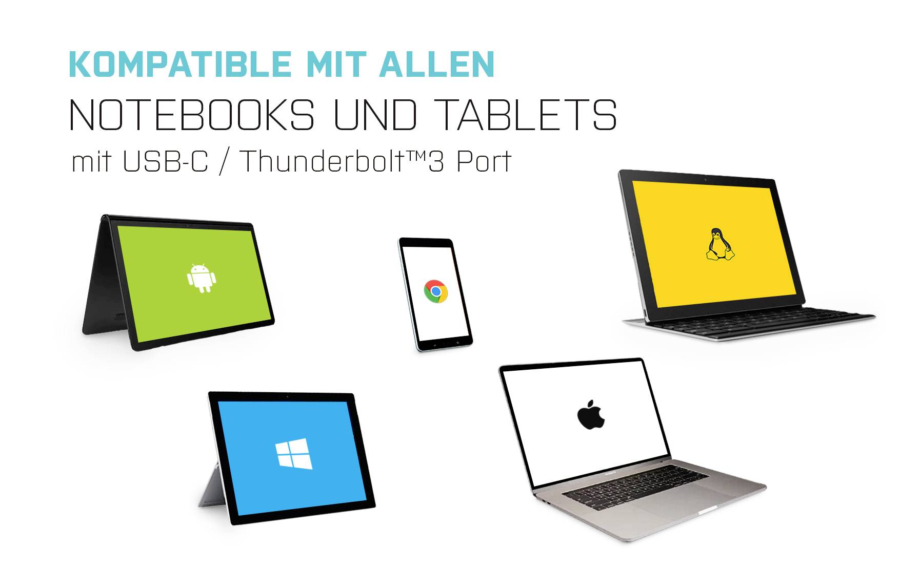 'Kompatibel mit allen Notebooks und Tablets mit USB-C/Thunderbolt™3 Port' zeigt verschiedene Geräte mit Logos von Betriebssystemen.