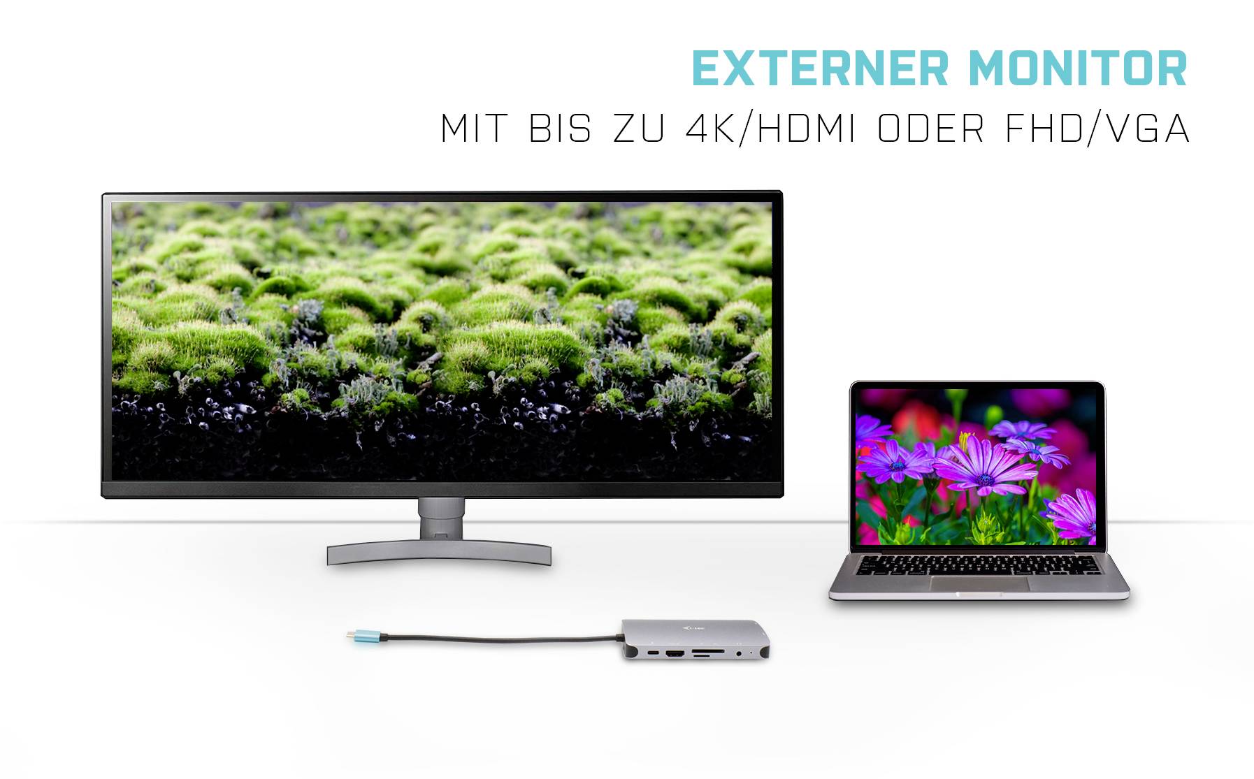 Externer Monitor neben Laptop, verbunden über Adapter, zeigt Pflanzenbild. Text oben: 'Externer Monitor mit bis zu 4K/HDMI oder FHD/VGA'.