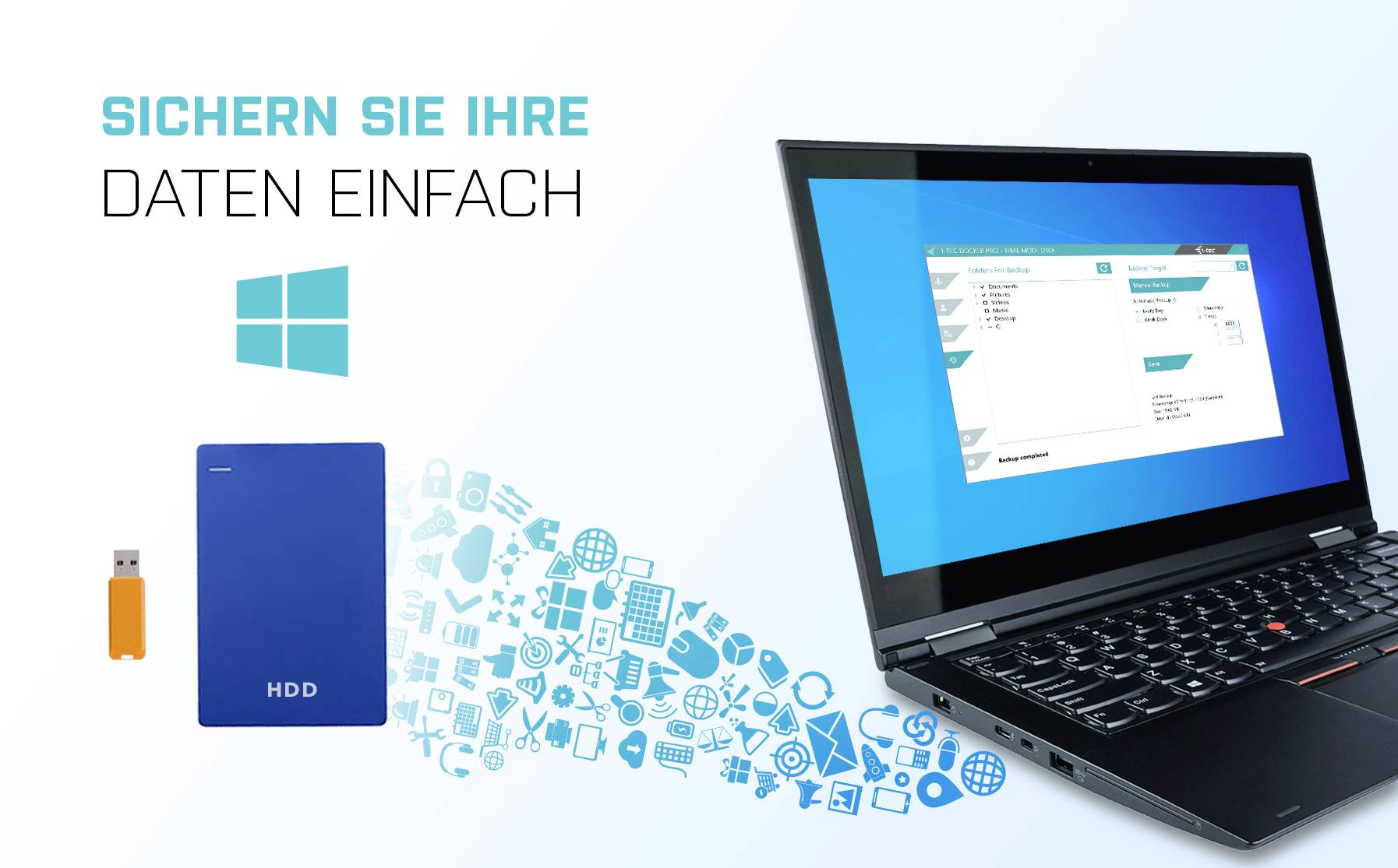 Nutzerfreundliche Datensicherung mit Laptop, externem Laufwerk und USB-Stick. Text: Sichern Sie Ihre Daten einfach.