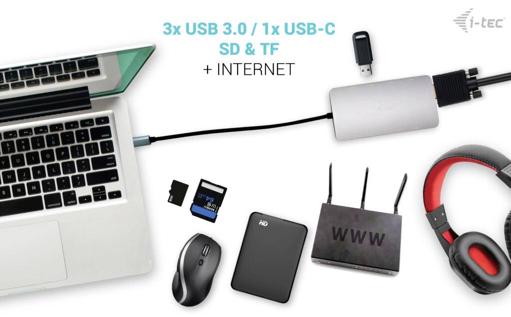 Laptop, USB Hub mit 3 USB 3.0-Ports, 1 USB-C-Port, SD- und TF-Kartensteckplätzen. Enthält Maus, Festplatte, Router und Kopfhörer.