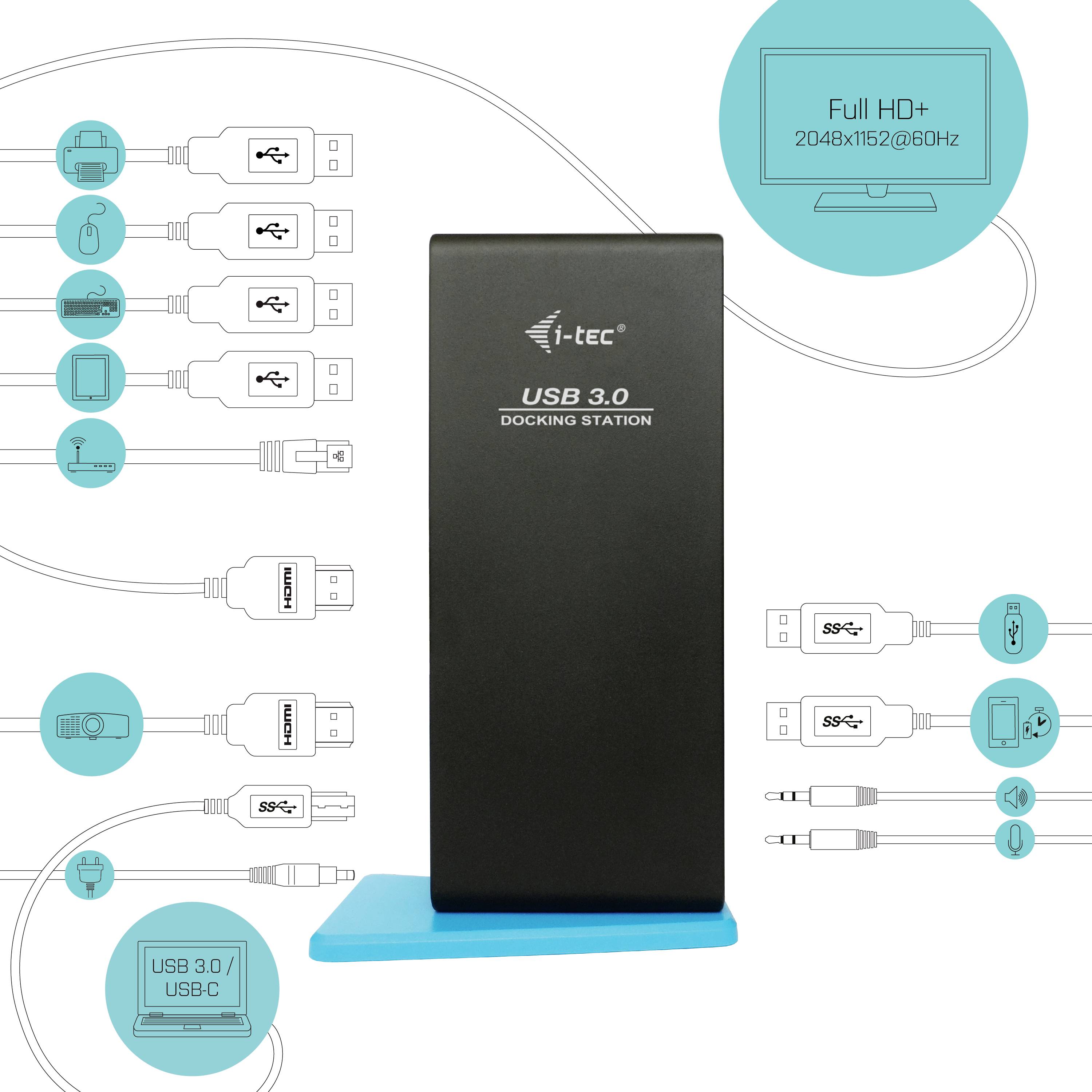 'USB 3.0 Docking-Station' von i-tec, schwarze vertikale Box. Zeigt Anschlussoptionen: HDMI, USB, Audio, Ethernet und Stromanschluss.