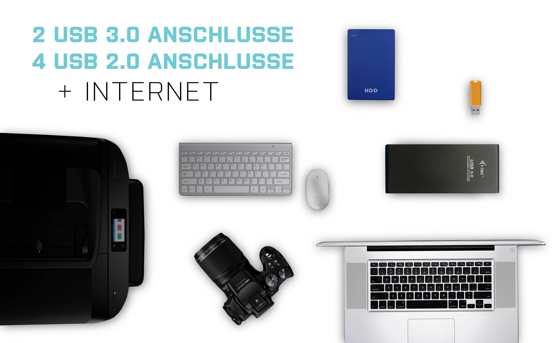 Laptop, Drucker, Kamera und Peripheriegeräte auf weißem Hintergrund mit Text: 2 USB 3.0 Anschlüsse, 4 USB 2.0 Anschlüsse + Internet.