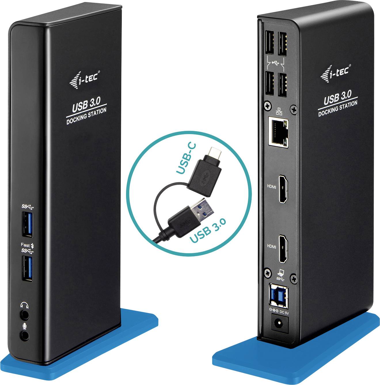Zwei schwarze Dockingstationen mit mehreren Anschlüssen, einschließlich USB 3.0, HDMI und Ethernet. Ein kleines Bild zeigt ein USB-C-Kabel.