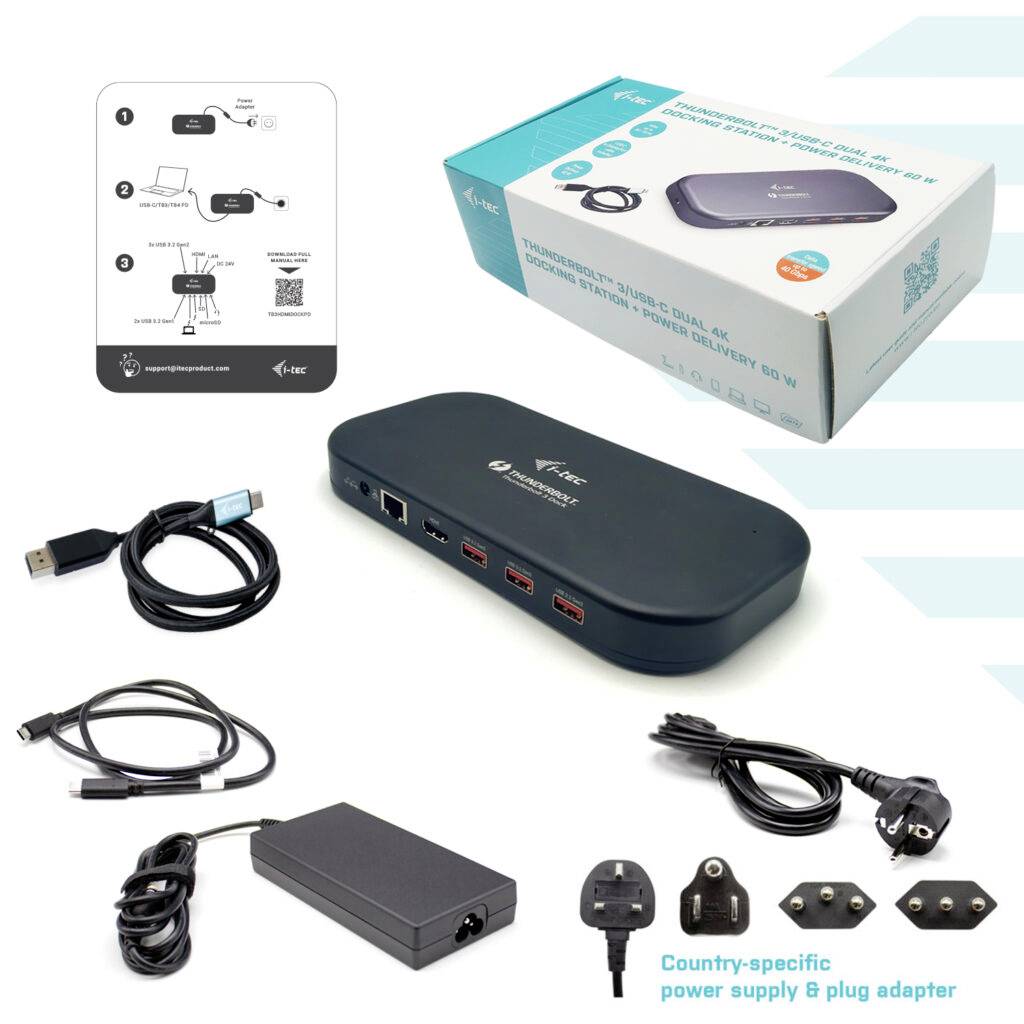 Eine schwarze Dockingstation mit mehreren Anschlüssen, USB-Kabeln, Stromadapter und verschiedenen Steckeraufsätzen. Verpackung und Installationsanleitung enthalten.