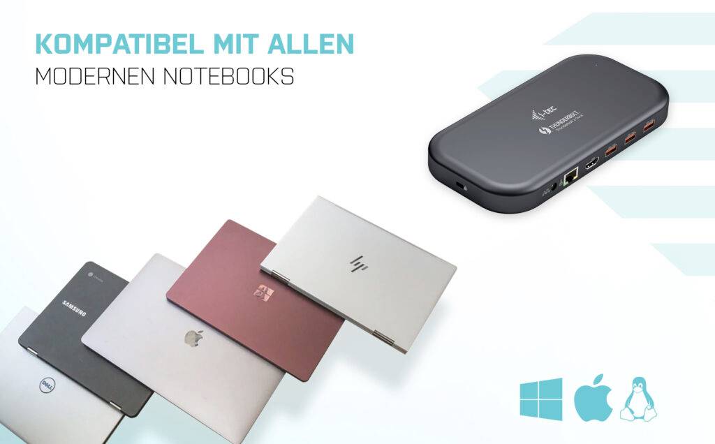 USB-C Hub kompatibel mit allen modernen Notebooks. Abgebildet in Grau. Logos von Windows, Apple und Linux zeigen plattformübergreifende Unterstützung.