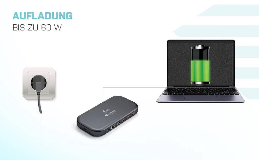 Laptop wird über ein Ladegerät an der Steckdose mit bis zu 60 W aufgeladen. Der Ladezustand wird mit einem vollen Batterie-Symbol angezeigt.