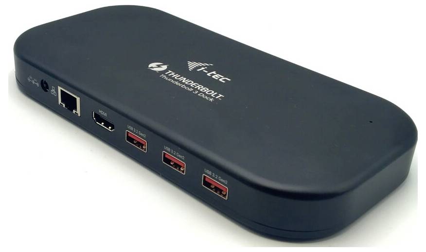 Ein schwarzes, ovales Thunderbolt-Dock mit mehreren USB-Anschlüssen, einem Ethernet-Port und Logos auf der Oberseite, seitliche Ansicht.