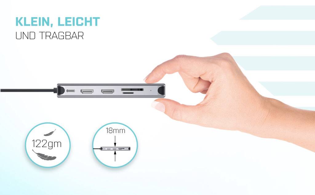 'Hand hält einen schlanken, tragbaren Adapter mit Anschlüssen. Text: 